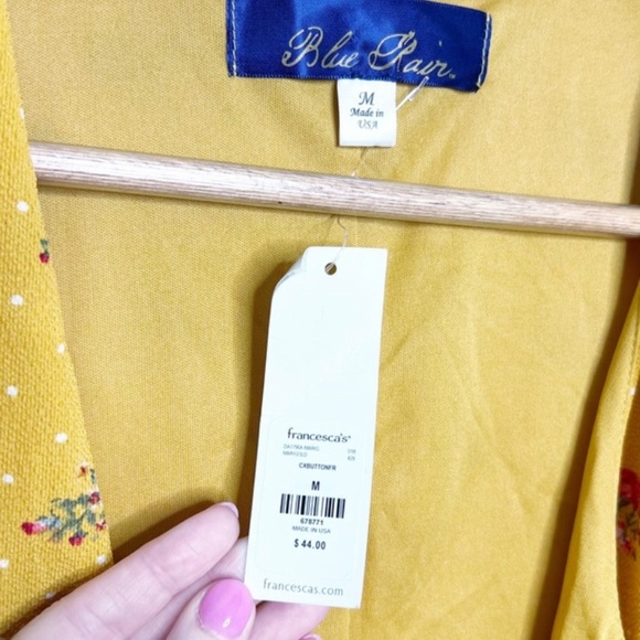 New with Tag Women's Francesca's Blue Rain Yellow Polka Dot Floral Mini Dress - Picture 15 of 16